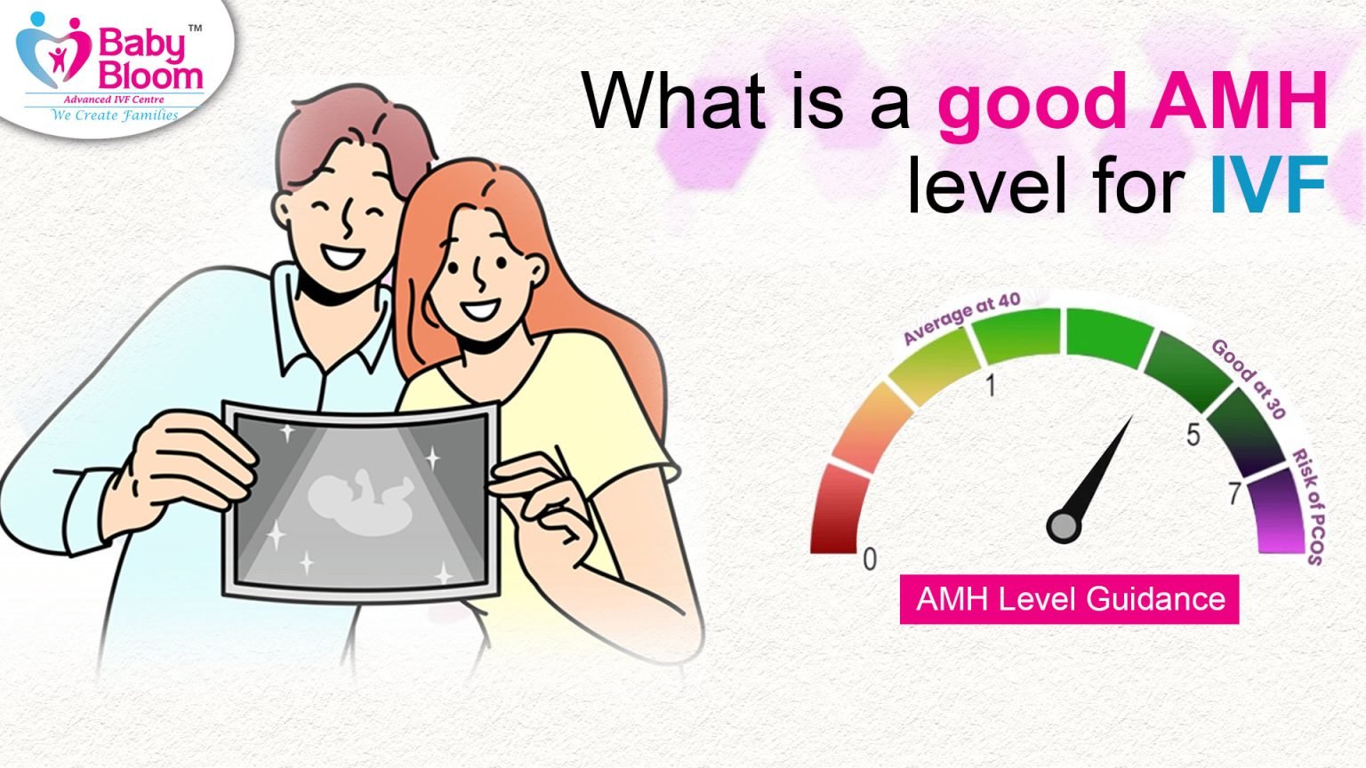 What is a good AMH levels for IVF, a cartoon image of couples smiling and a meter shown a good level of AMH