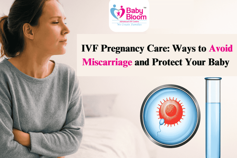 "Concerned pregnant woman with IVF embryo and test tube illustration – IVF pregnancy care to prevent miscarriage by Baby Bloom IVF Centre"