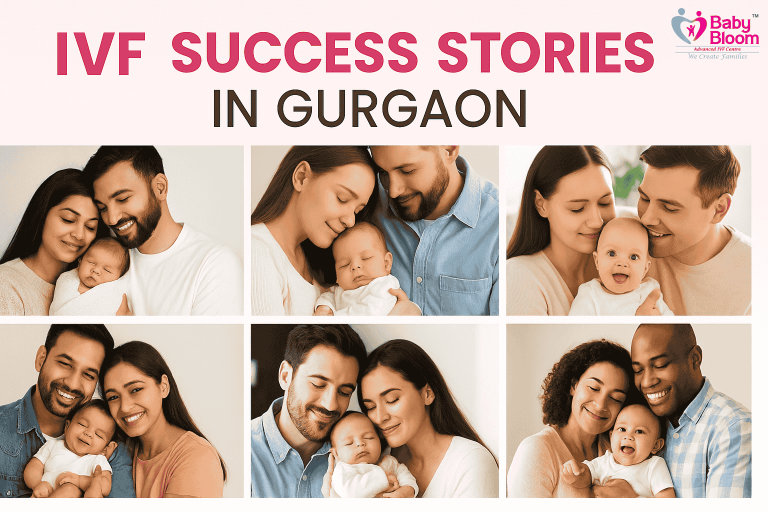"Happy couples holding their babies after successful IVF treatments at Baby Bloom IVF Centre in Gurgaon, showcasing real fertility success stories and smiling families."