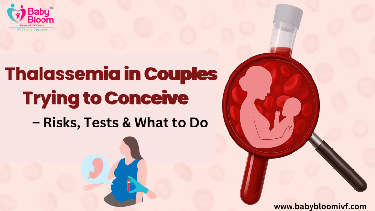 "Thalassemia awareness for couples planning pregnancy – blood test tube with baby and mother symbol"