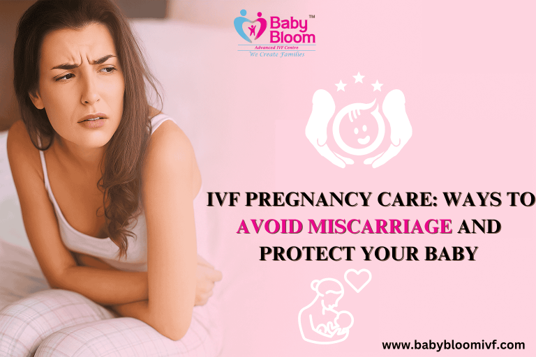 "Worried pregnant woman sitting in bed with pink IVF care design – Baby Bloom IVF Centre shares ways to avoid miscarriage and protect baby"