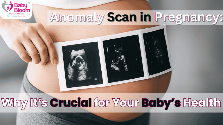 "Pregnant woman holding ultrasound anomaly scan images on her belly – Baby Bloom IVF awareness"