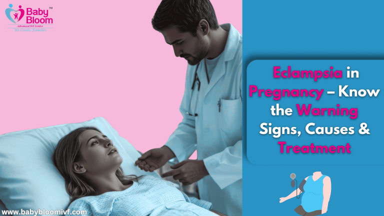 “Doctor consulting pregnant woman on hospital bed – Eclampsia awareness by Baby Bloom IVF”