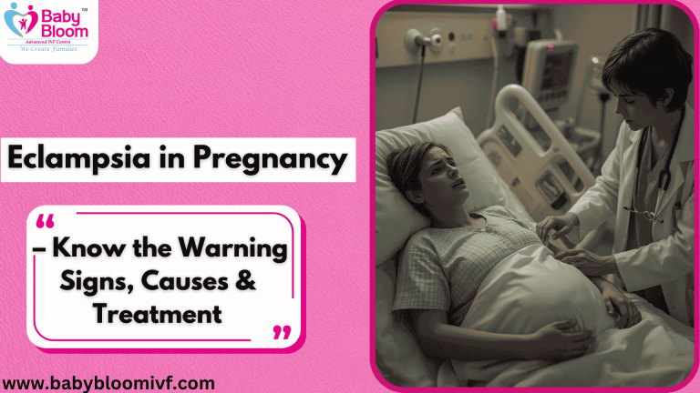 “Pregnant woman in hospital with doctor – Eclampsia in pregnancy awareness banner by Baby Bloom IVF”