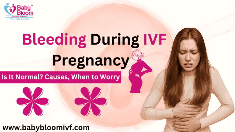 A worried pregnant woman holding her stomach, representing bleeding during IVF pregnancy, with Baby Bloom IVF Centre branding