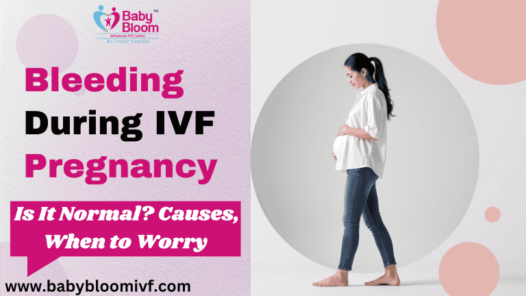 Pregnant woman standing with hand on belly, highlighting concern about bleeding during IVF pregnancy