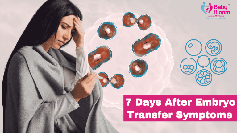 Worried woman holding pregnancy test with embryo cell division graphics and text “7 Days After Embryo Transfer Symptoms”.