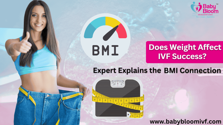 “Doctor measuring a woman’s waistline with tape measure beside a BMI icon—innovative IVF clinic banner explaining weight’s role in IVF success.”