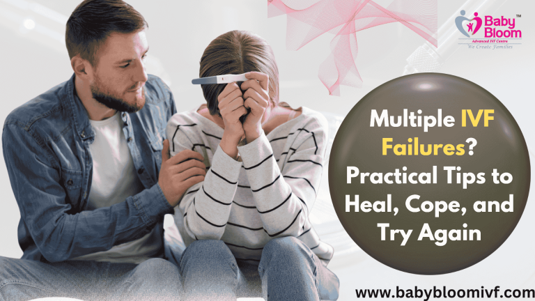 Couple facing multiple IVF failures holding pregnancy test kit – IVF emotional support and retry guidance.