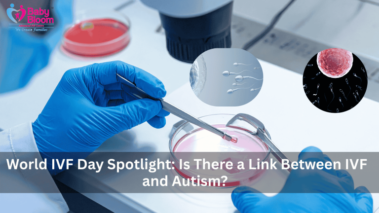 Lab technician handling IVF culture dish. Text reads "World IVF Day Spotlight: Is There a Link Between IVF and Autism?" with sperm and egg graphics.