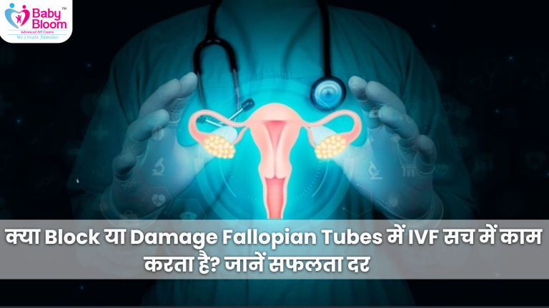 Diagrammatic representation of blocked or damaged fallopian tubes, with a doctor’s hands (gloved) framing a digital medical visualization of the uterus and ovaries in a dark background.