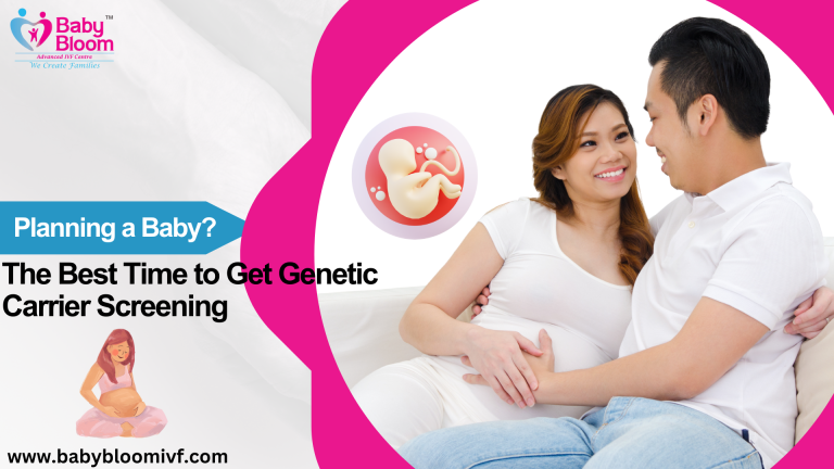 Happy couple planning for a baby, discussing the best time for genetic carrier screening – Baby Bloom IVF Centre.